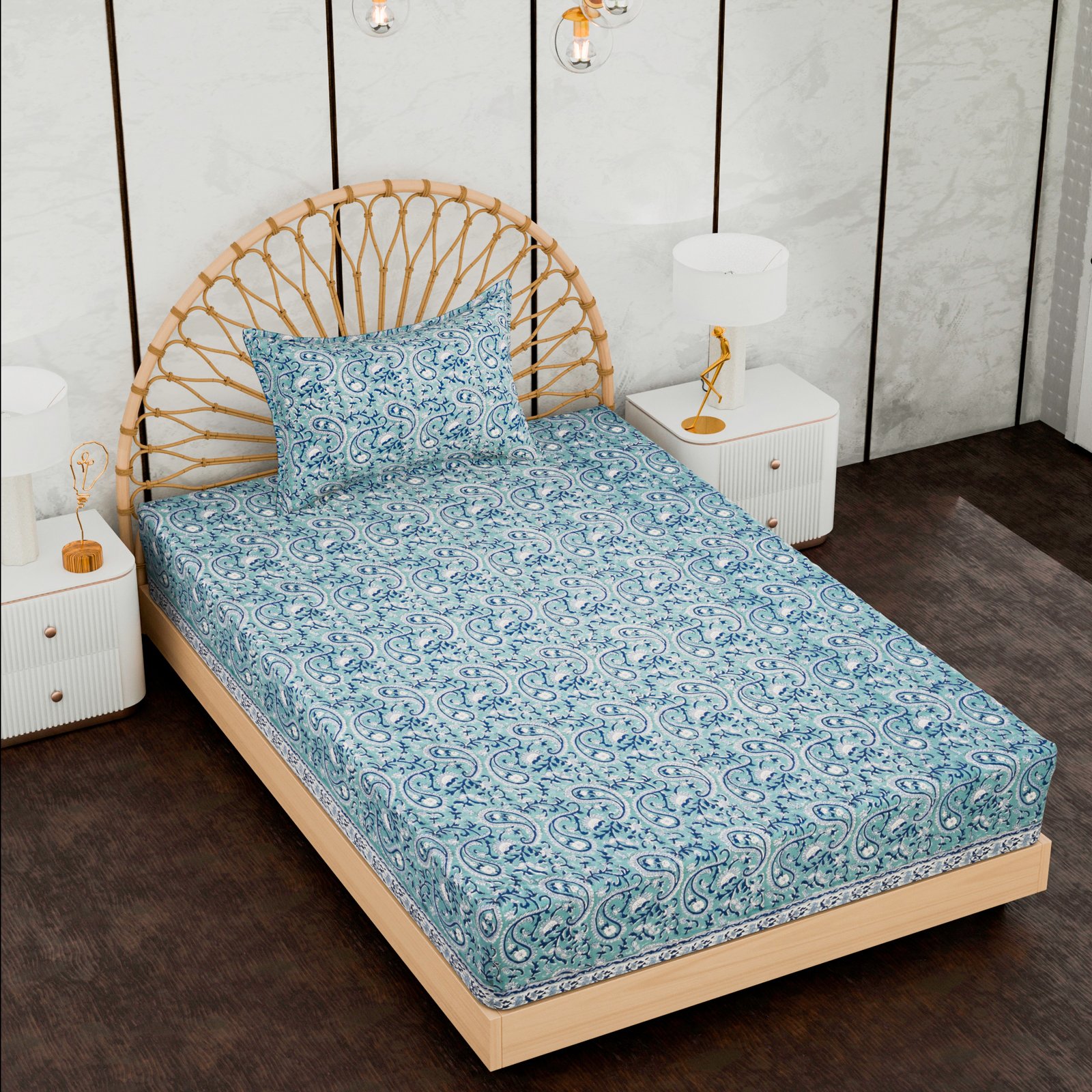 Premium Single Bed Sheet – Elegant Paisley Hand Block Style Print