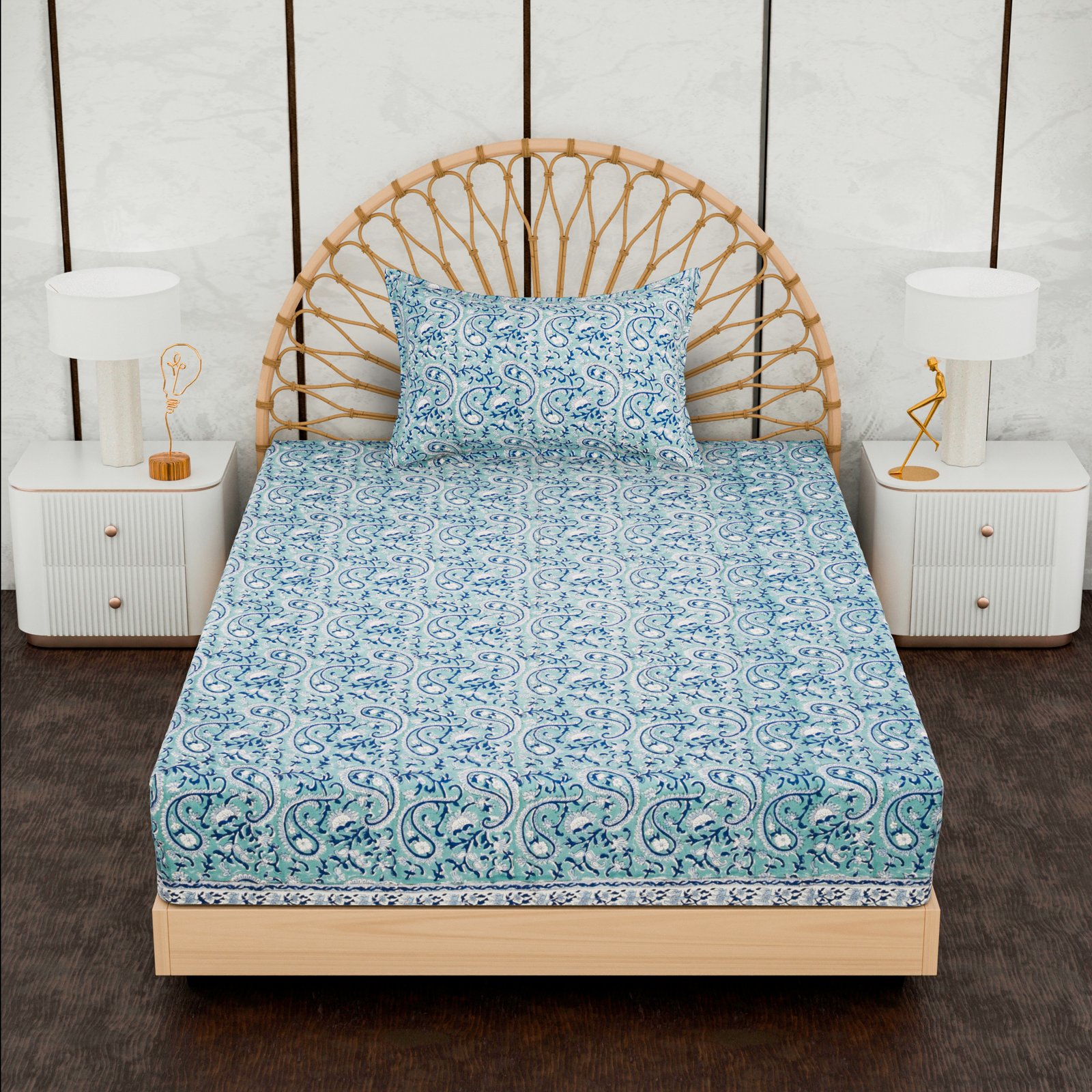 Premium Single Bed Sheet – Elegant Paisley Hand Block Style Print