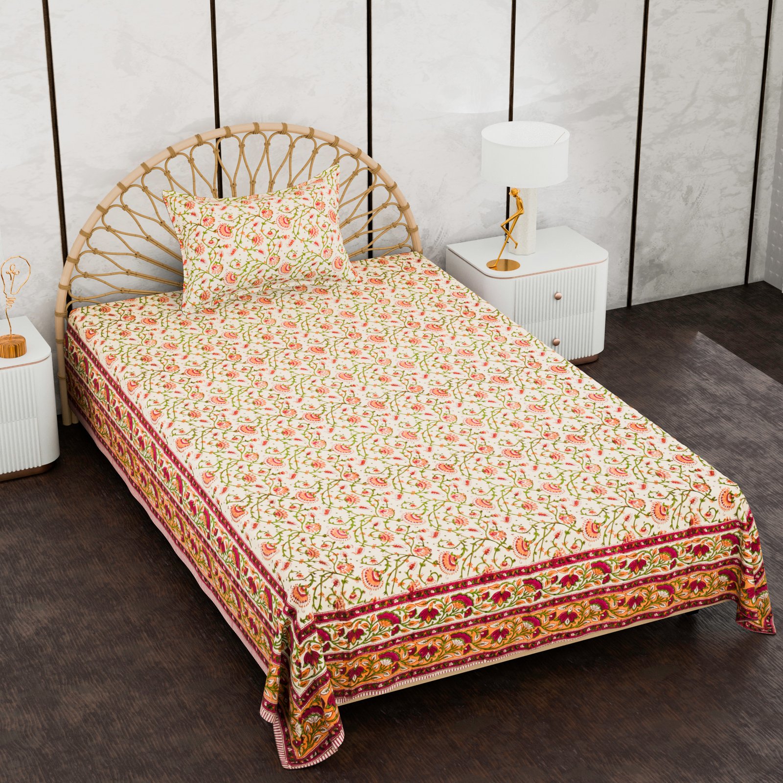 Premium Single Bed Sheet – Floral Hand Block Style Print