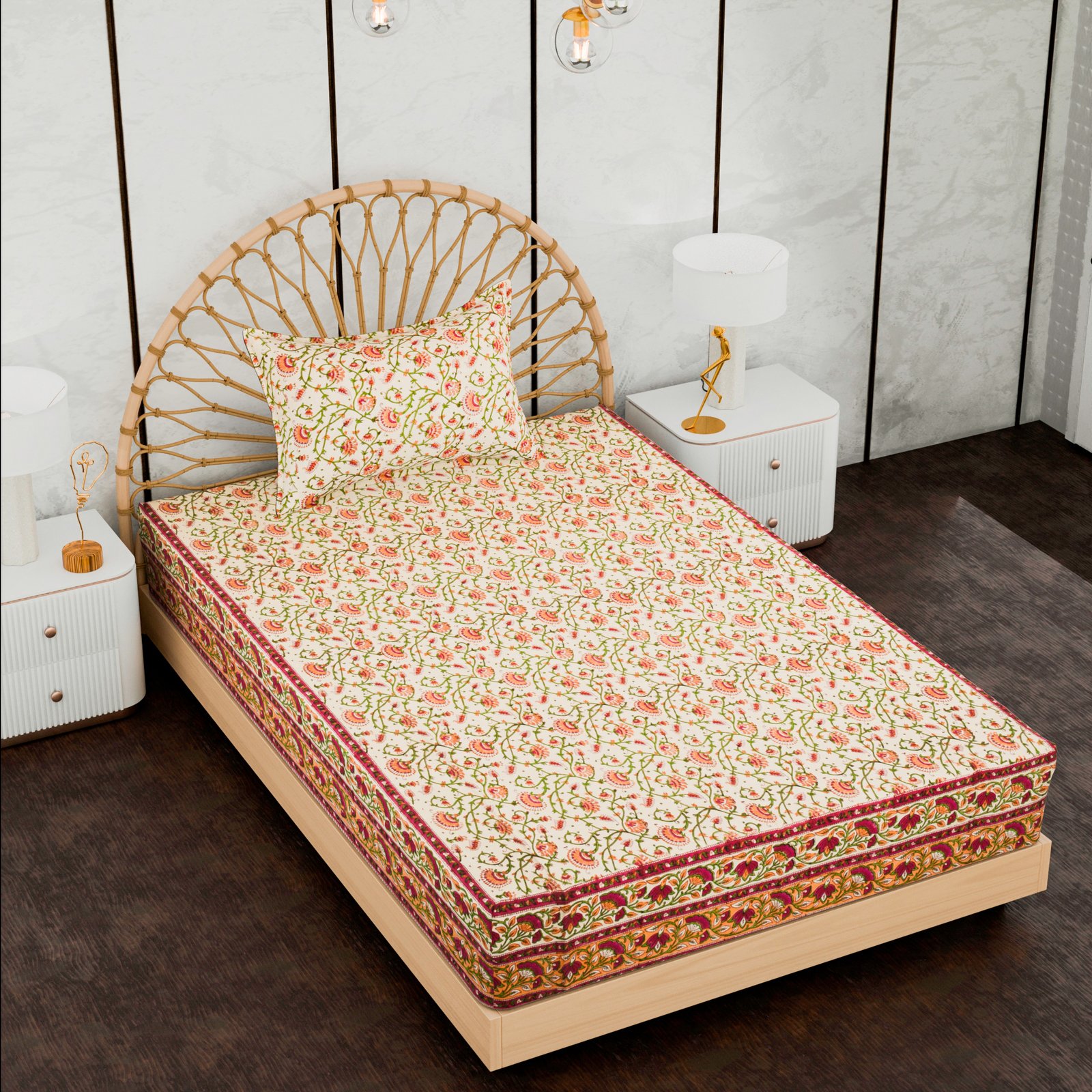 Premium Single Bed Sheet – Floral Hand Block Style Print