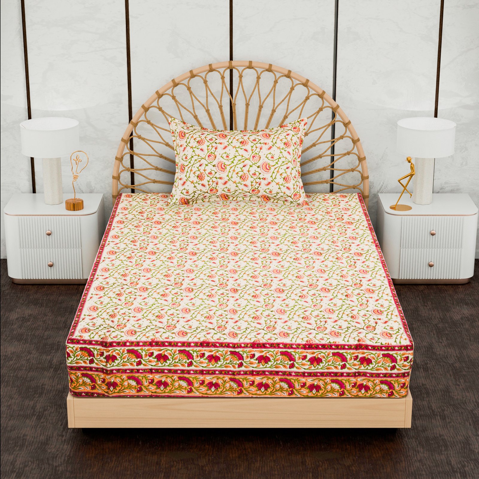 Premium Single Bed Sheet – Floral Hand Block Style Print