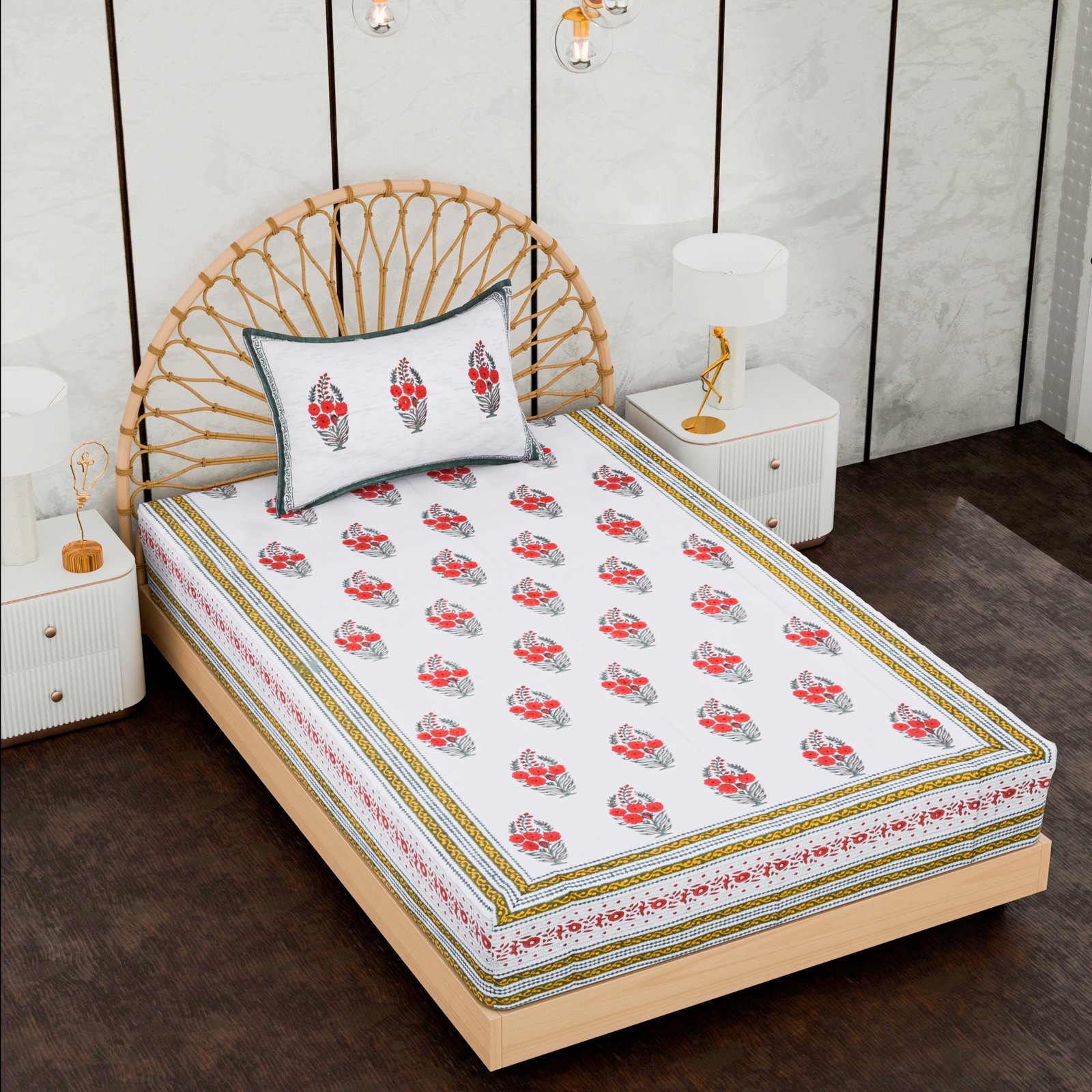 Premium Single Bed Sheet – Floral Hand Block Style Print