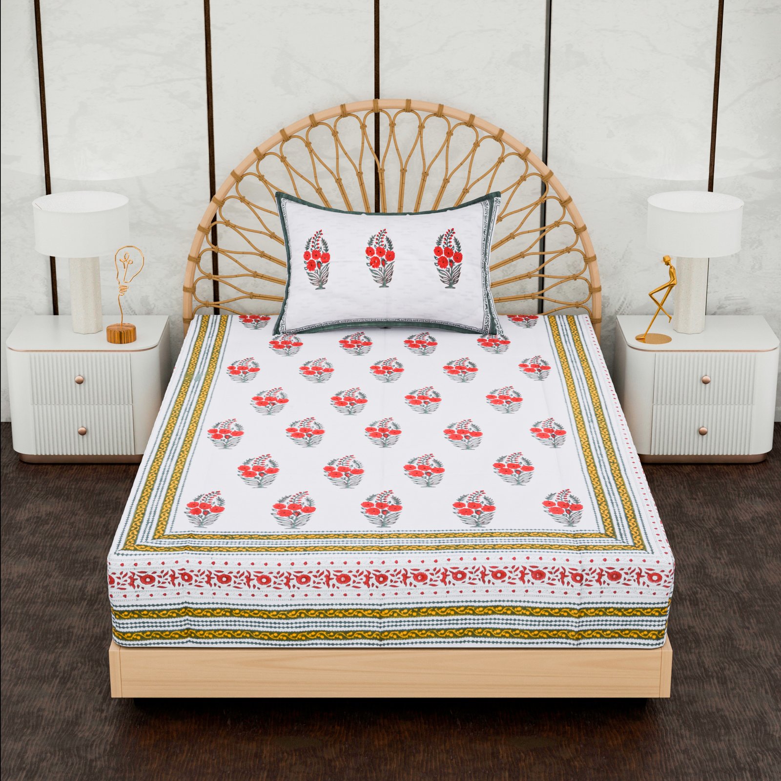 Premium Single Bed Sheet – Floral Hand Block Style Print