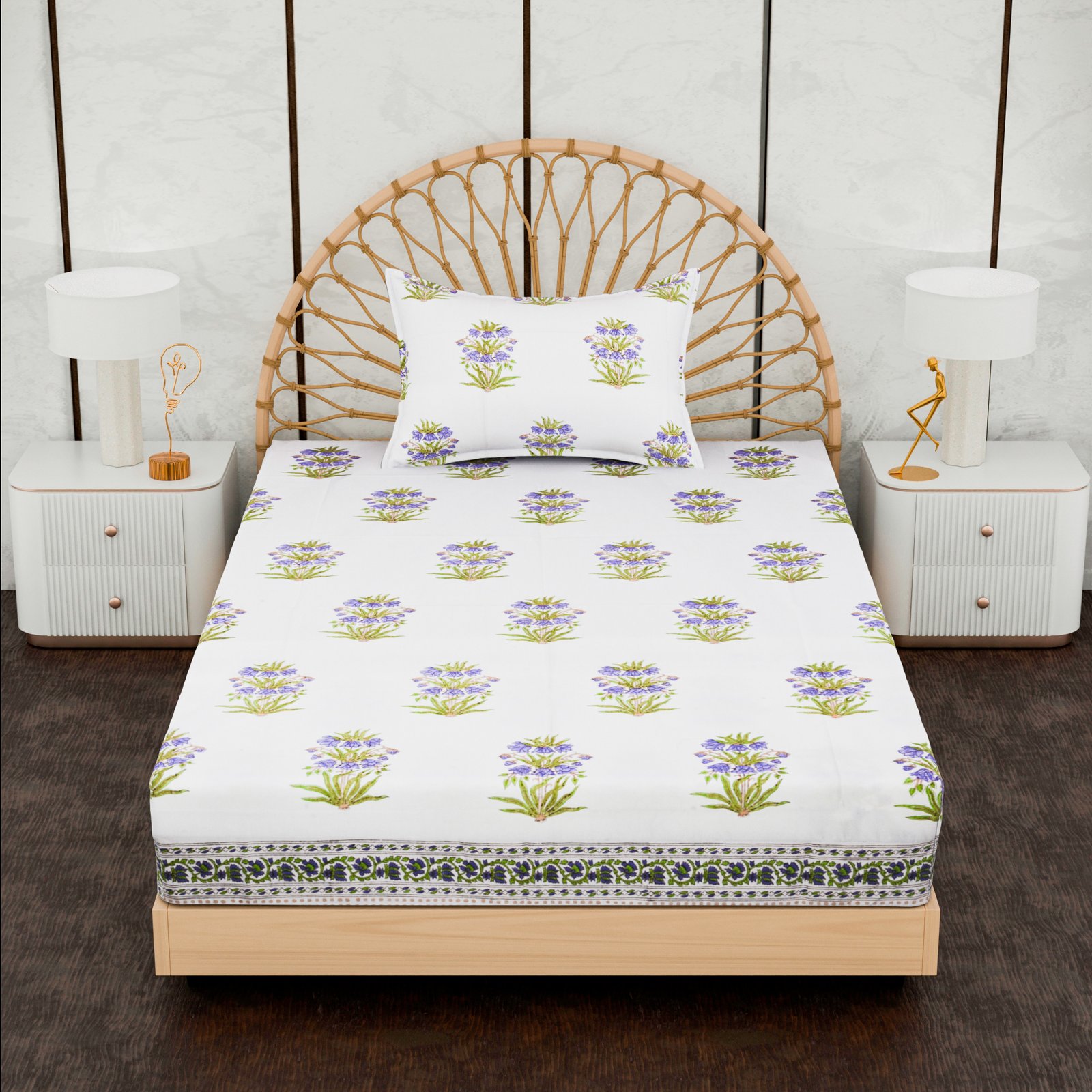 Premium Single Bed Sheet – Floral Hand Block Style Print
