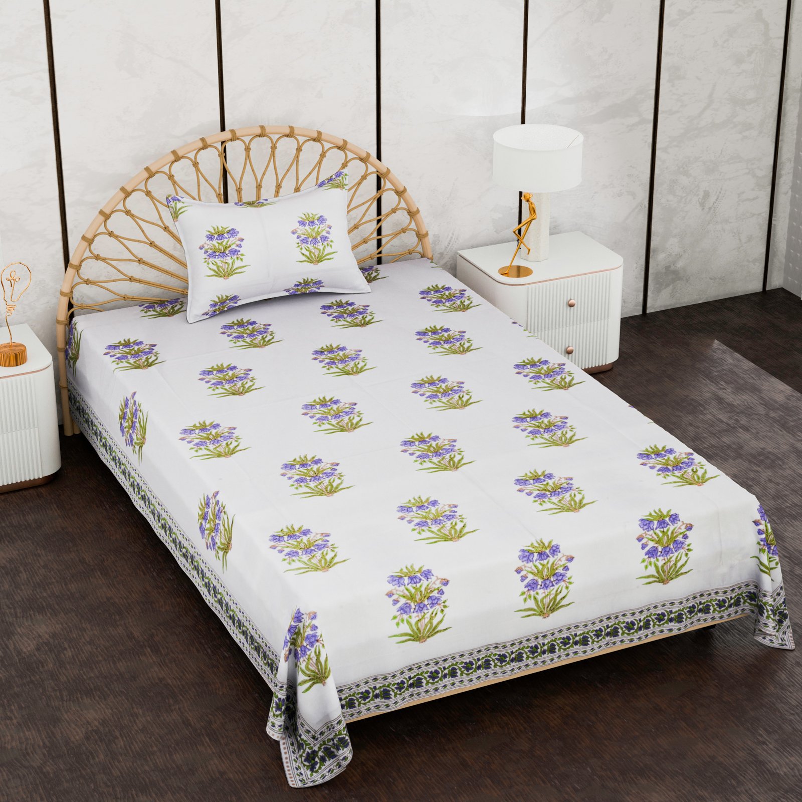 Premium Single Bed Sheet – Floral Hand Block Style Print