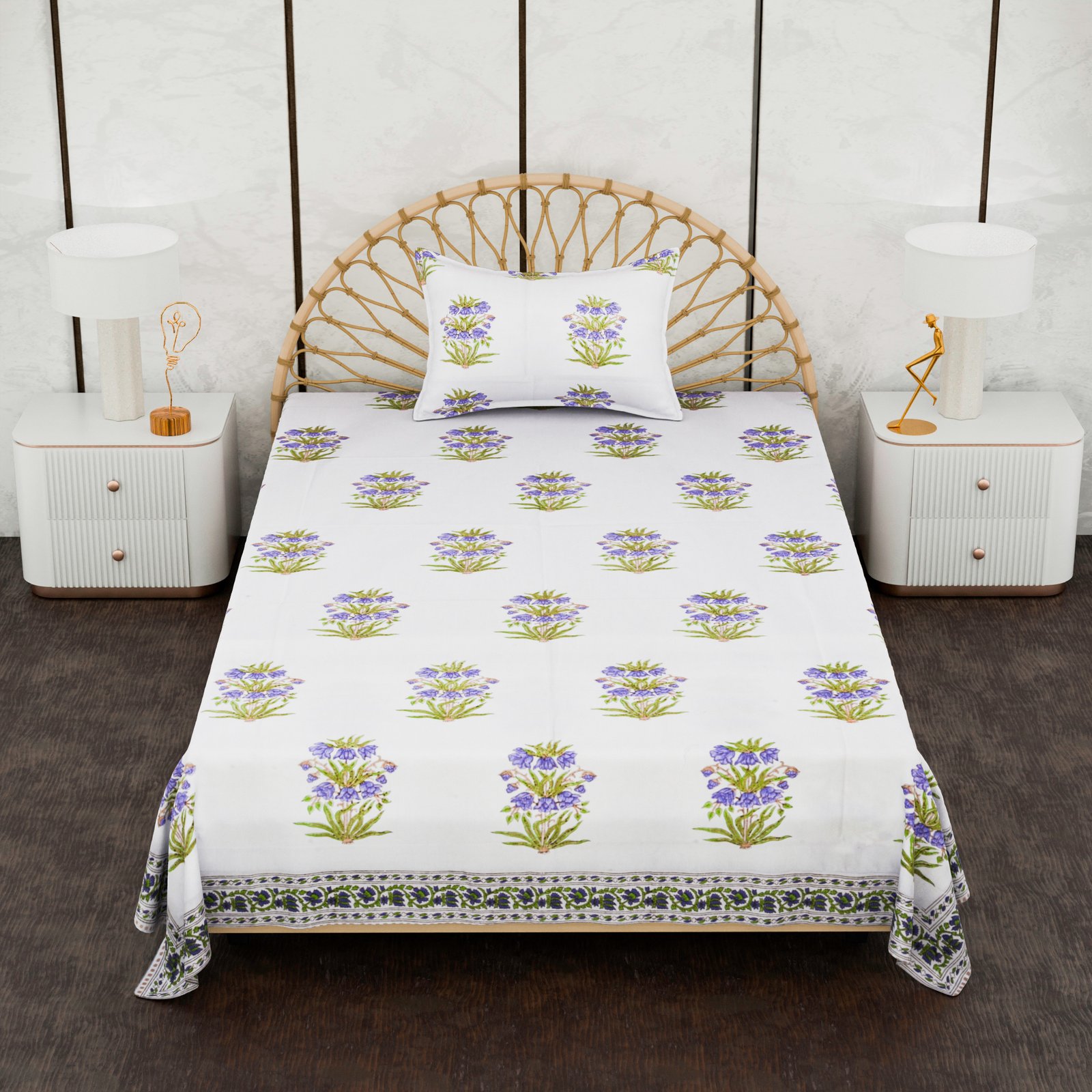 Premium Single Bed Sheet – Floral Hand Block Style Print