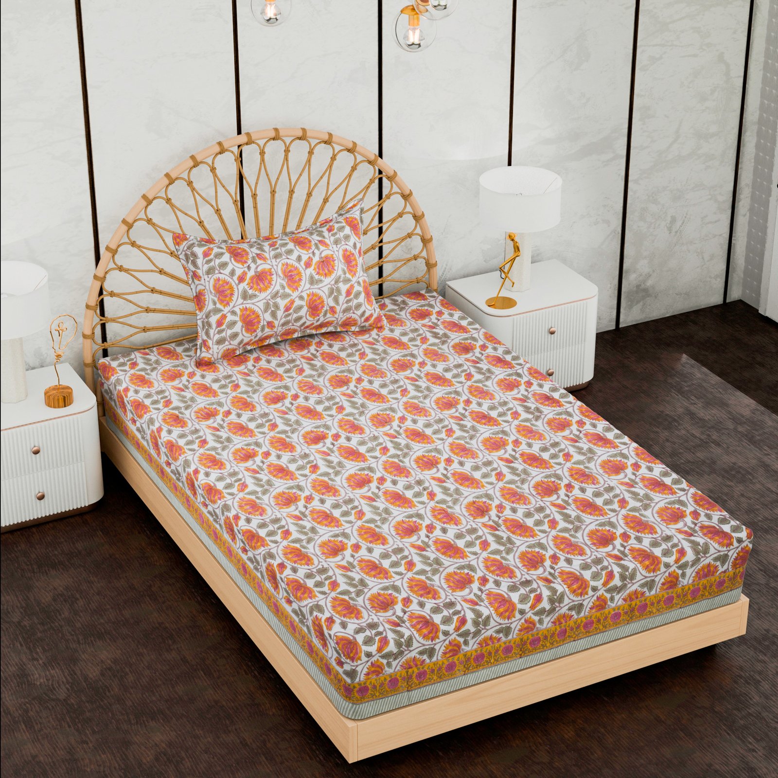 Premium Single Bed Sheet – Floral Hand Block Style Print (Cream, Orange & Pink)