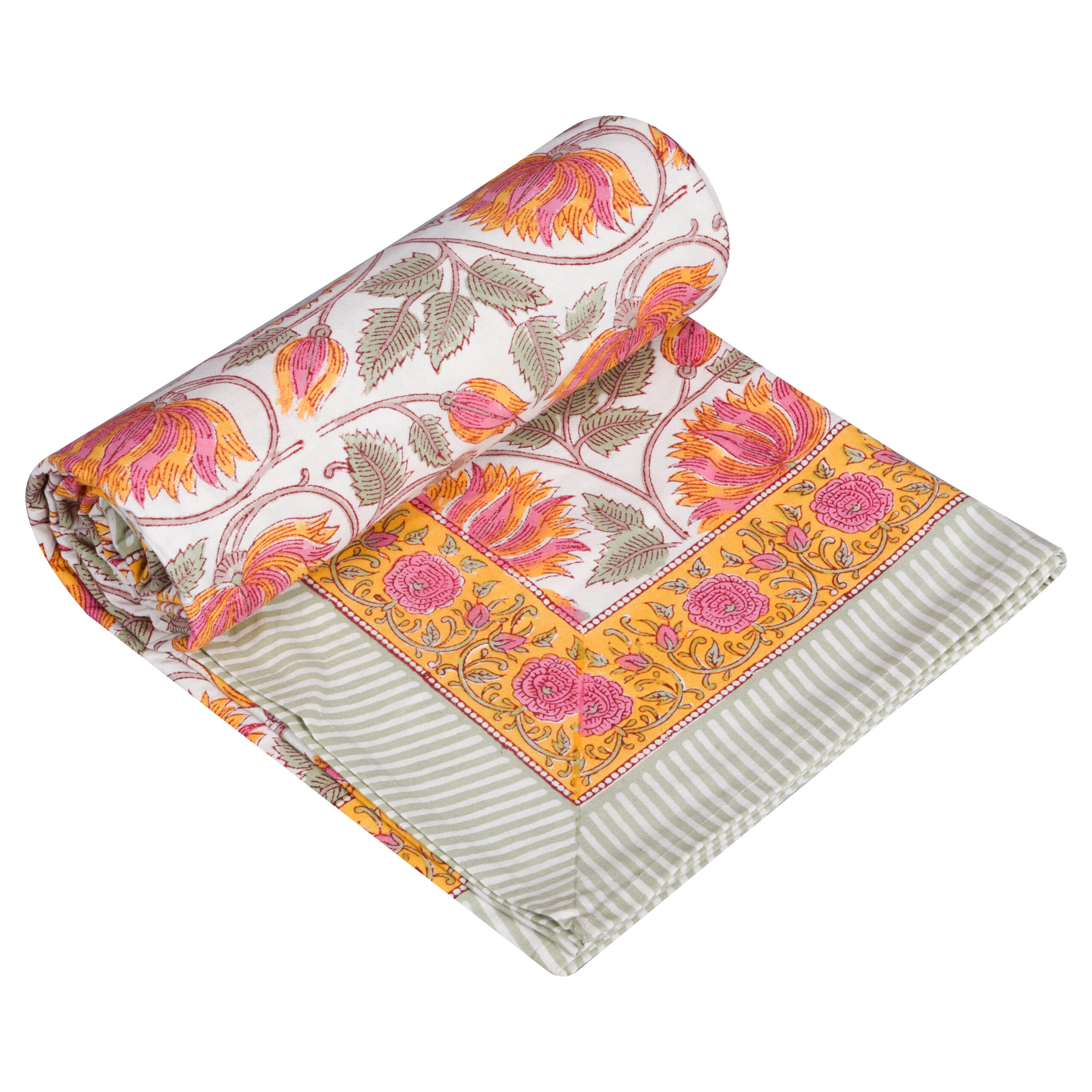 Premium Single Bed Sheet – Floral Hand Block Style Print (Cream, Orange & Pink)