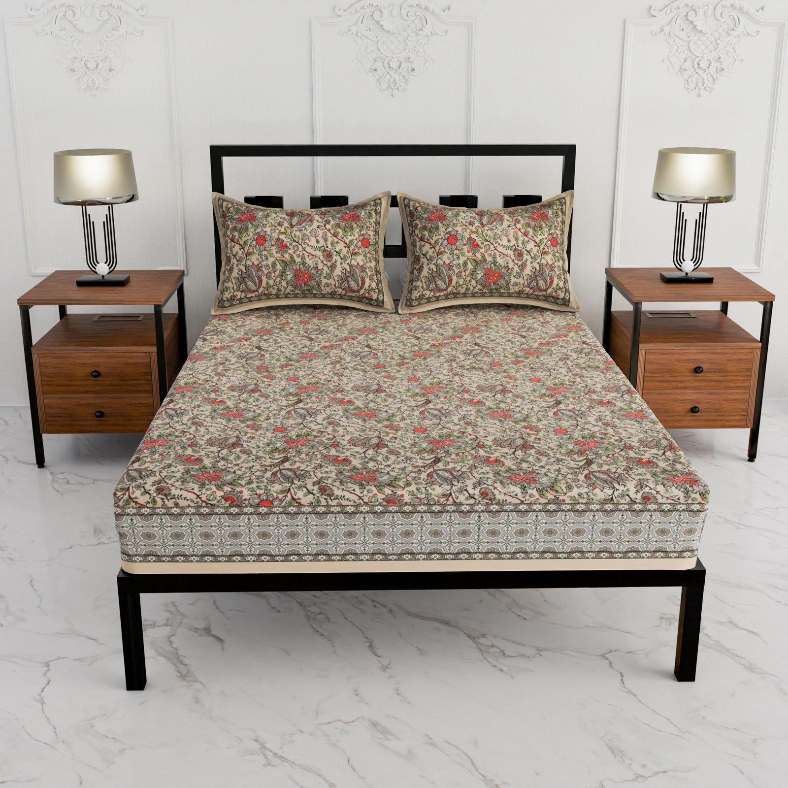 Premium Double Bed Sheet – Floral Hand Block Style Print (Beige, Olive Green & Red)