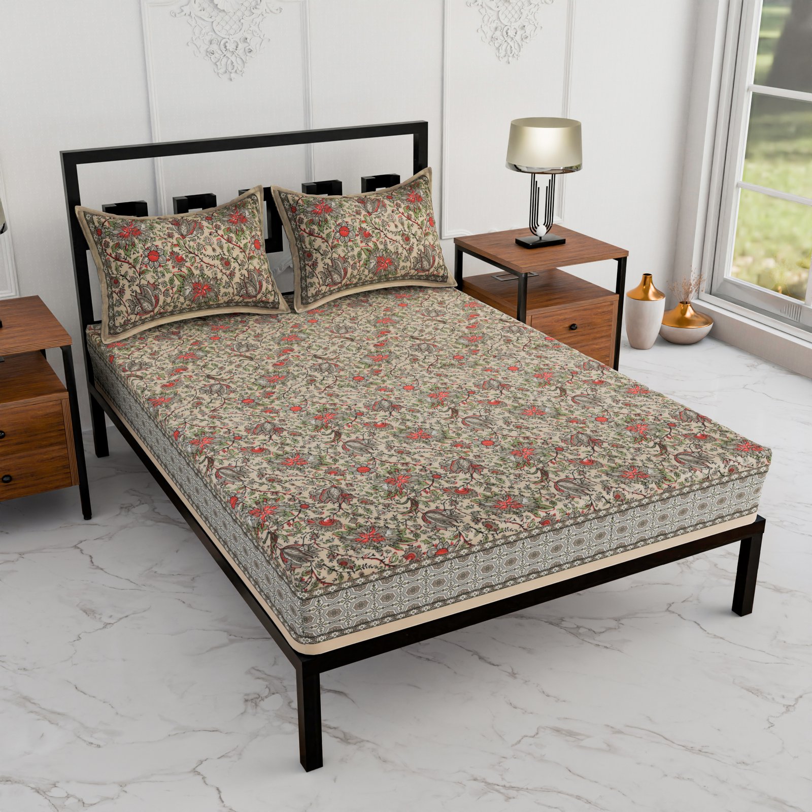 Premium Double Bed Sheet – Floral Hand Block Style Print (Beige, Olive Green & Red)
