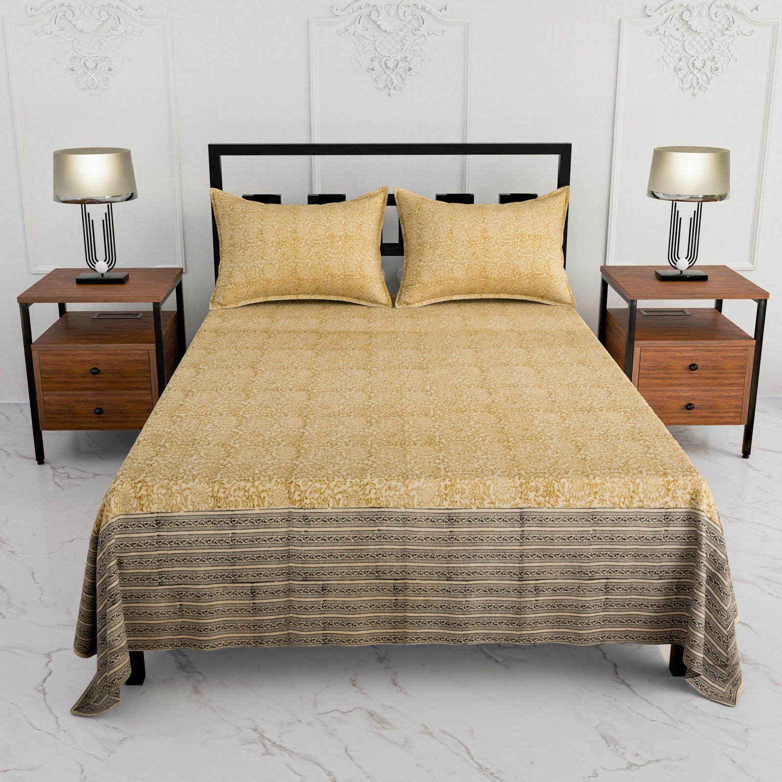 Premium Double Bed Sheet – Floral Hand Block Style Print (Mustard Yellow & Beige)