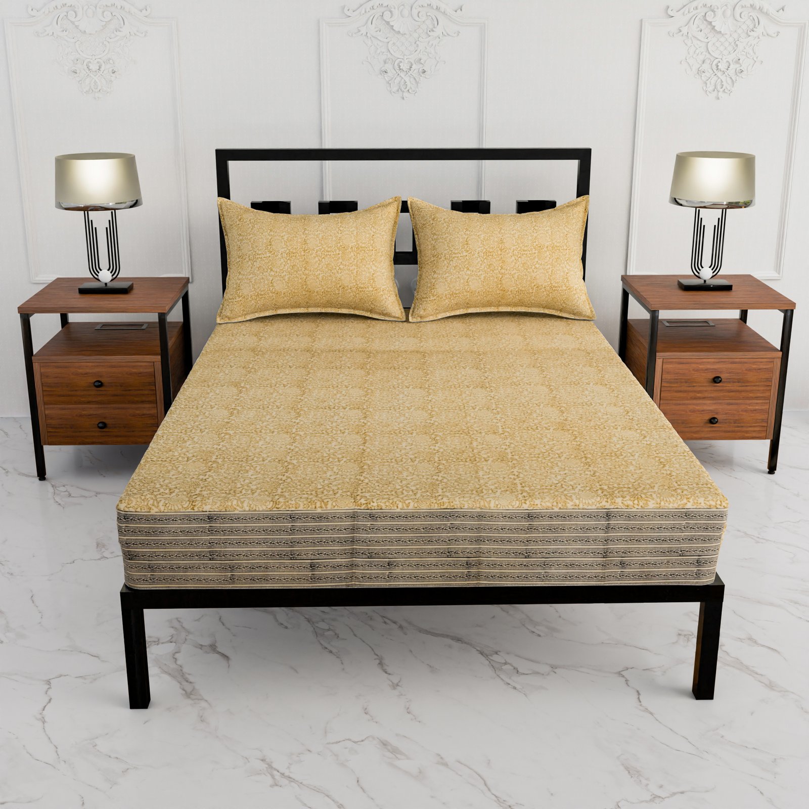 Premium Double Bed Sheet – Floral Hand Block Style Print (Mustard Yellow & Beige)