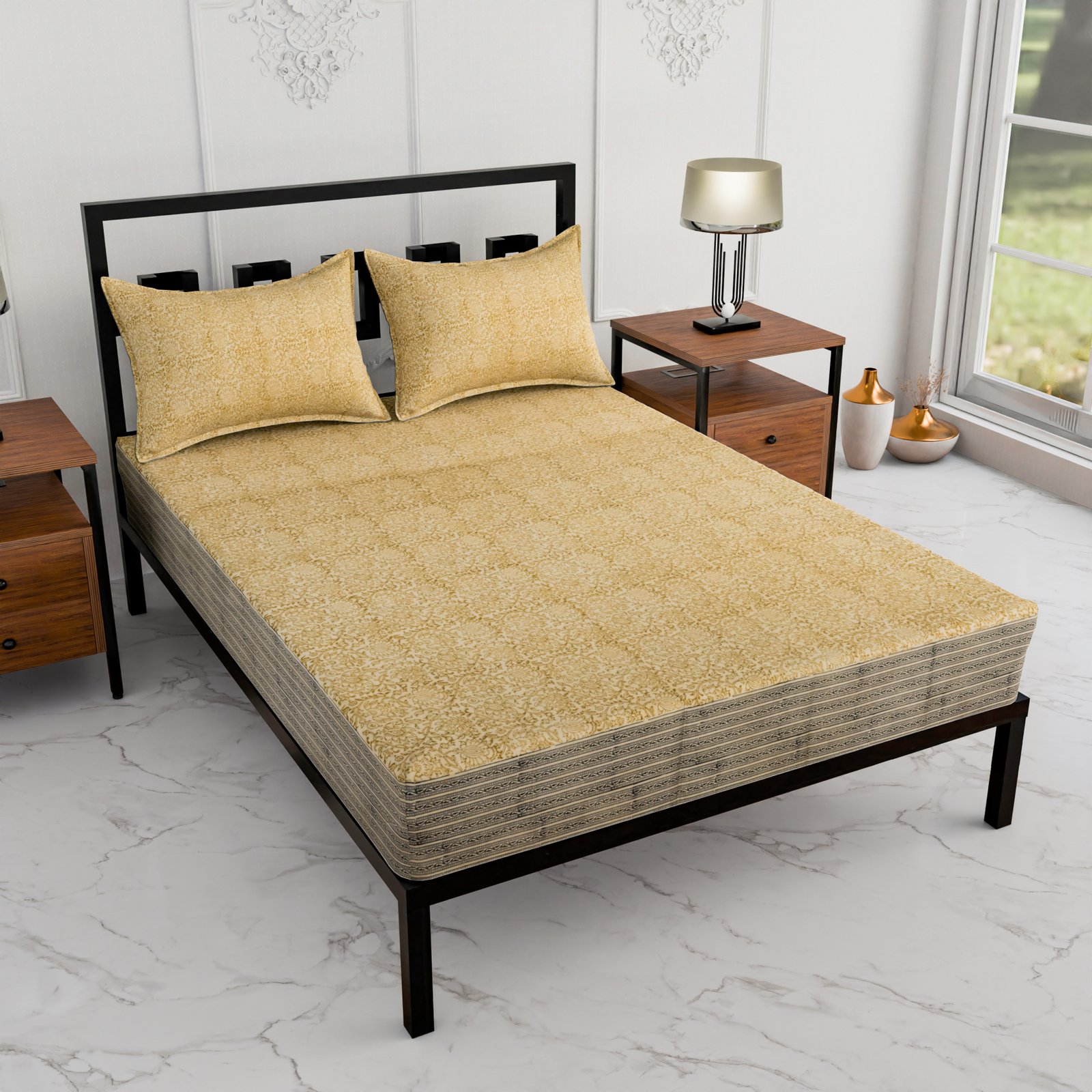 Premium Double Bed Sheet – Floral Hand Block Style Print (Mustard Yellow & Beige)