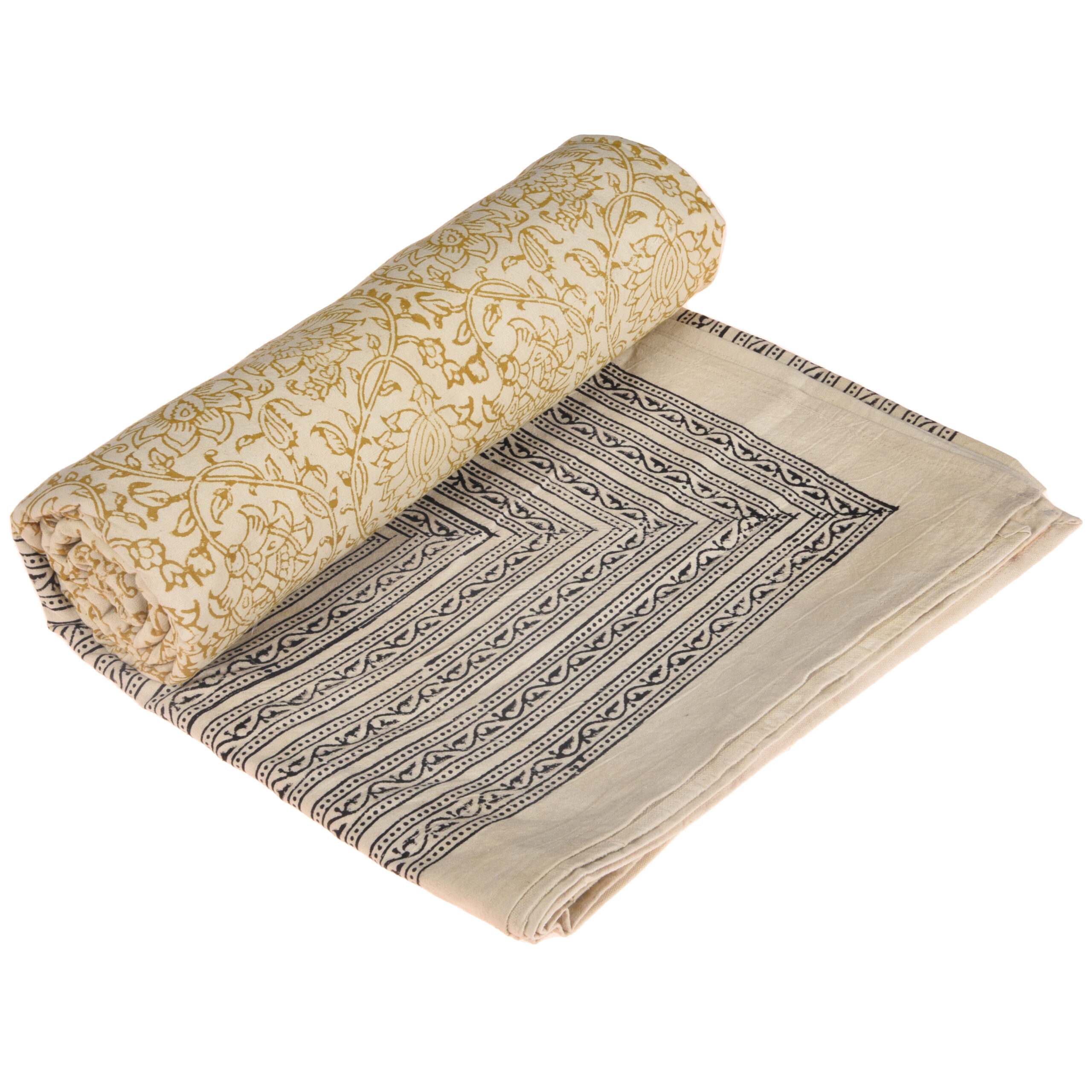 Premium Double Bed Sheet – Floral Hand Block Style Print (Mustard Yellow & Beige)